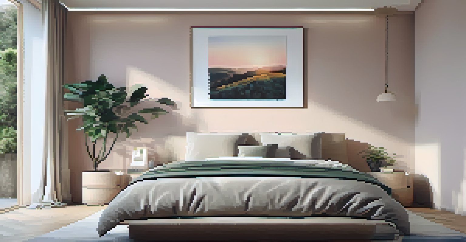 A serene bedroom with a minimalist design, a large art piece, and soft pastel colors illuminated by bedside lamps.