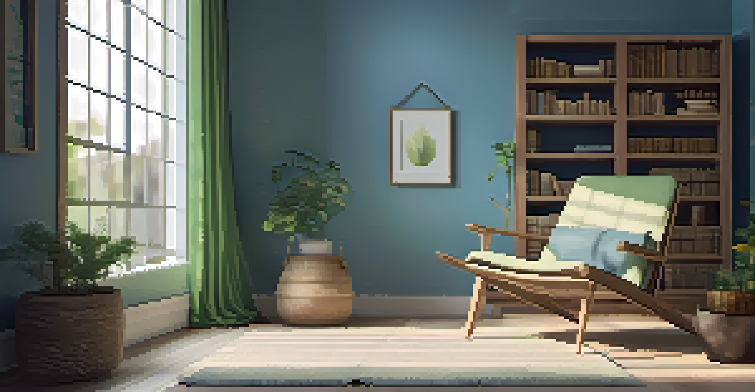 A tranquil meditation space with warm lighting, a comfy chair, and soft colors, designed for relaxation and reflection.