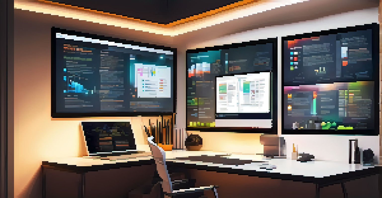 A modern workspace showcasing digital marketing tools for real estate, with a computer and infographics.