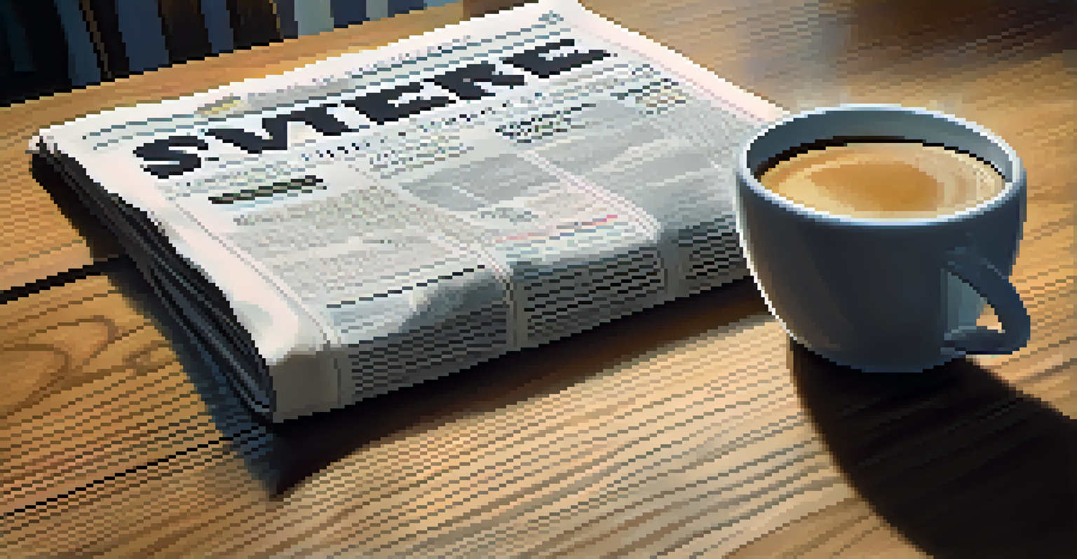 A close-up of a financial newspaper discussing interest rates on a wooden table, with a cup of coffee.