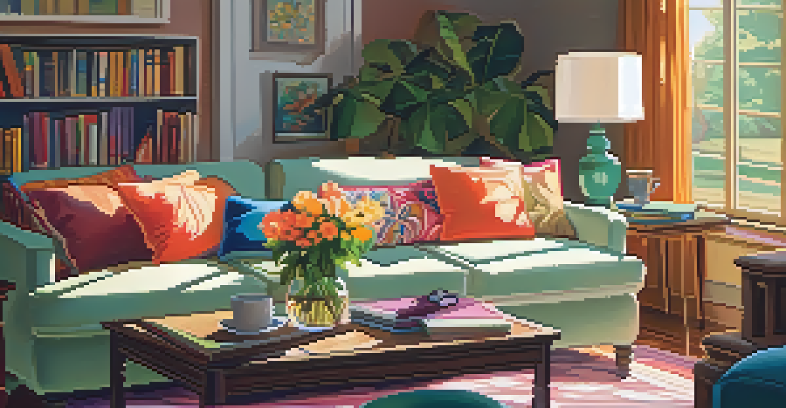 A cozy living room with a sofa, colorful cushions, and a coffee table with books and flowers, illuminated by warm light.