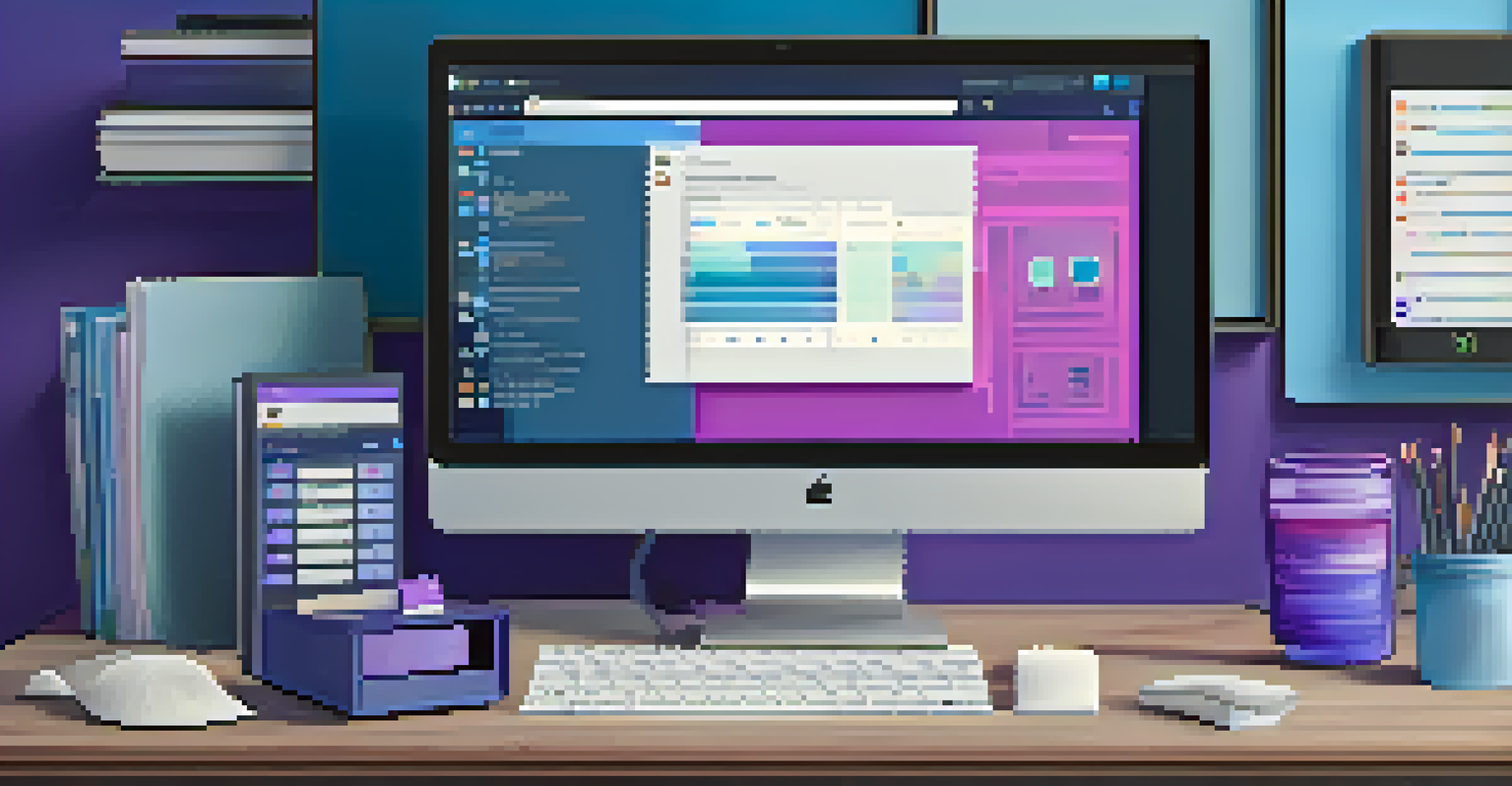 An artistic depiction of a digital workspace with software icons and modern office supplies, set against a blue and purple background.