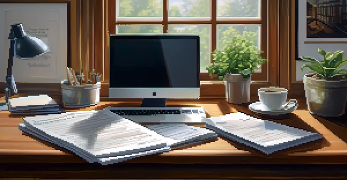 A sunny home office with a wooden desk, laptop, financial documents, coffee cup, and a plant on the windowsill.