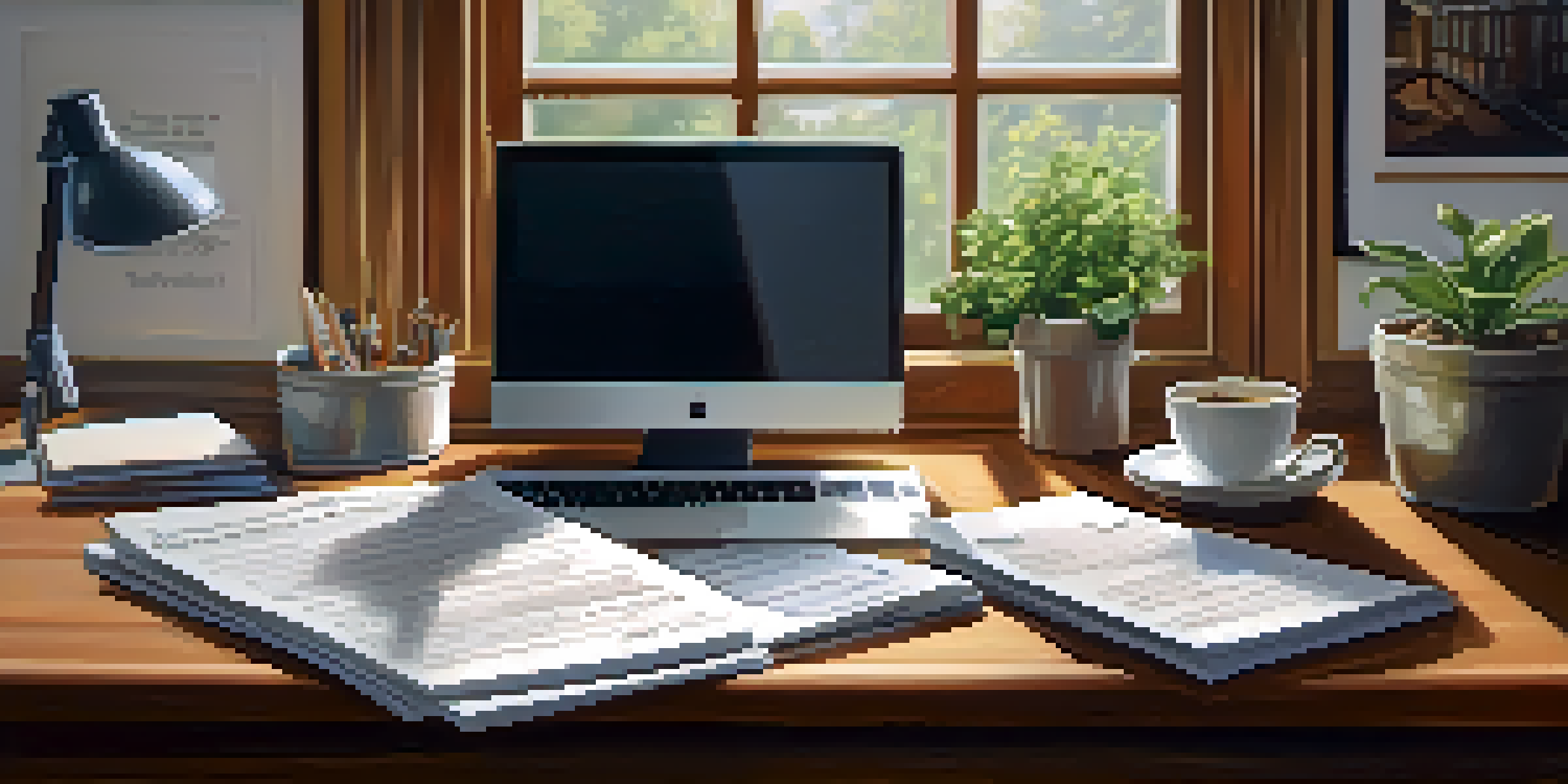 A sunny home office with a wooden desk, laptop, financial documents, coffee cup, and a plant on the windowsill.