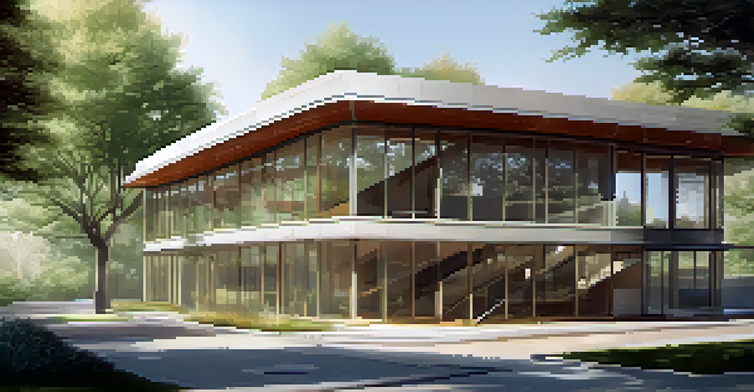 An architectural illustration of a building designed for natural ventilation with windows and overhangs, surrounded by trees in an urban setting.