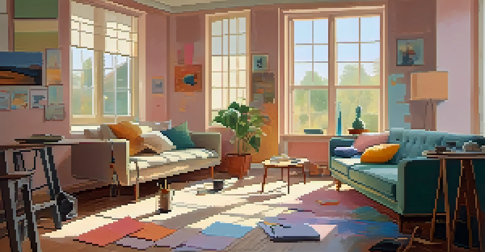 A living room in the middle of renovation, showcasing tools, paint swatches, and soft pastel colors illuminated by warm sunlight.