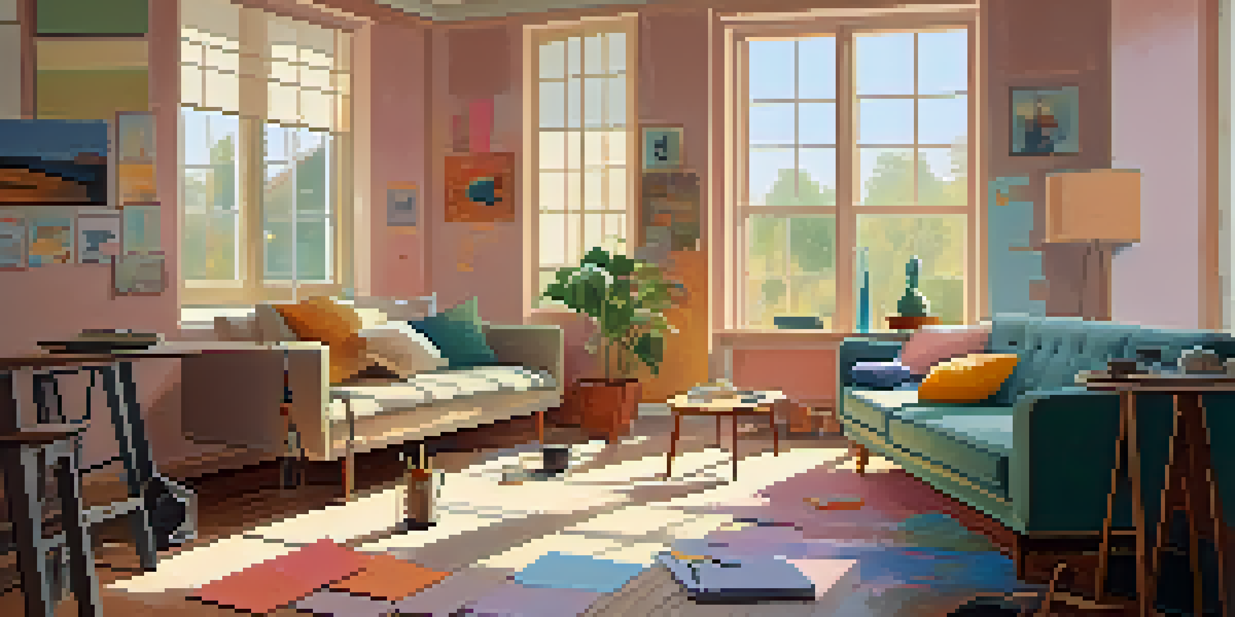 A living room in the middle of renovation, showcasing tools, paint swatches, and soft pastel colors illuminated by warm sunlight.