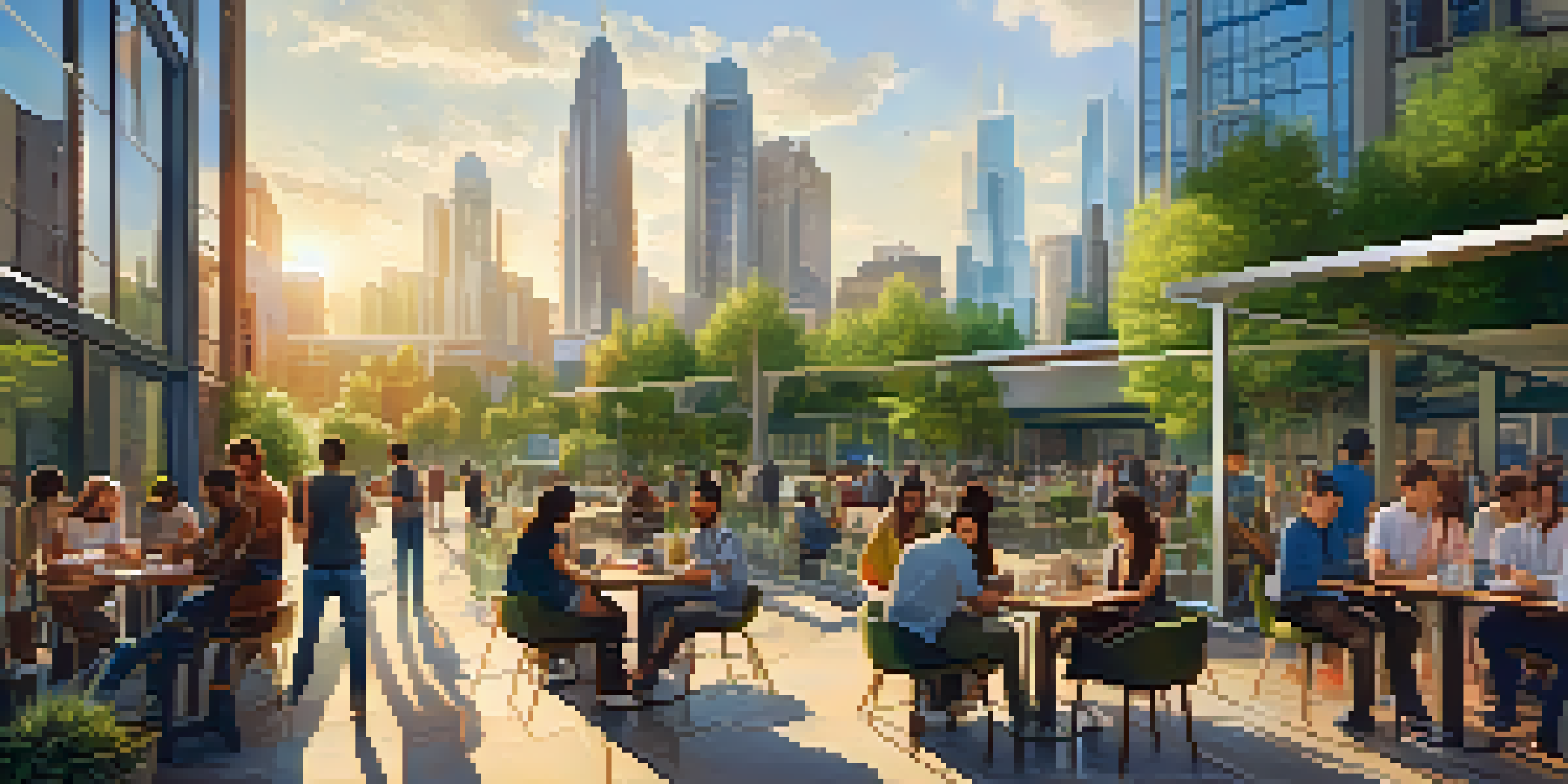 A lively urban technology hub with modern skyscrapers, parks, and diverse people enjoying outdoor spaces.