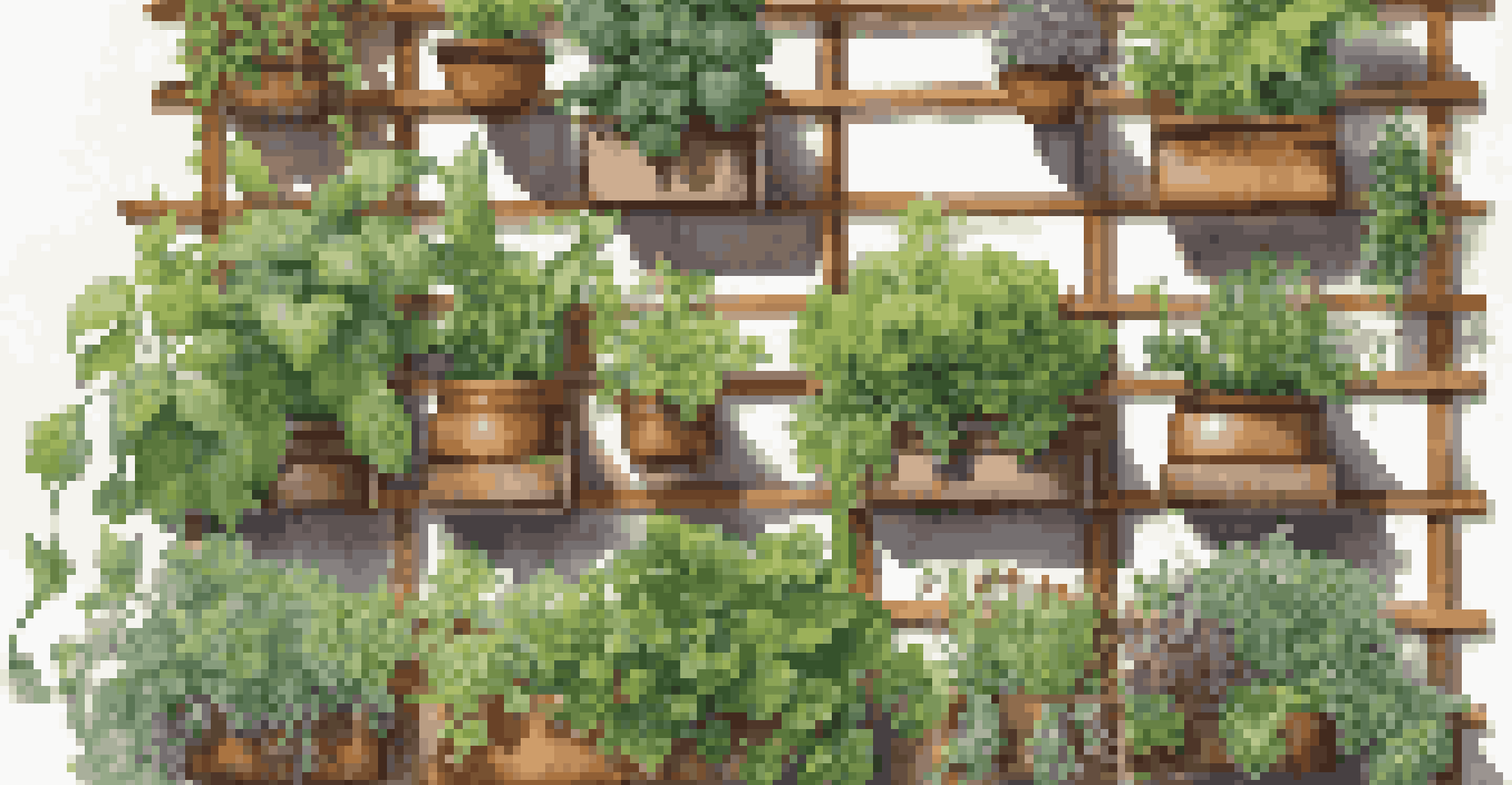 A vertical garden filled with herbs and vegetables mounted on a wall, showcasing bright green plants and decorative planters.