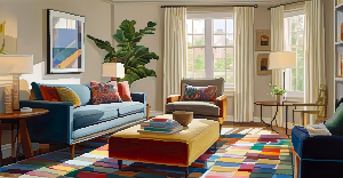 A living room with a layered rug setup, showcasing a neutral base rug and a colorful patterned rug, with warm lighting and a cozy sofa.