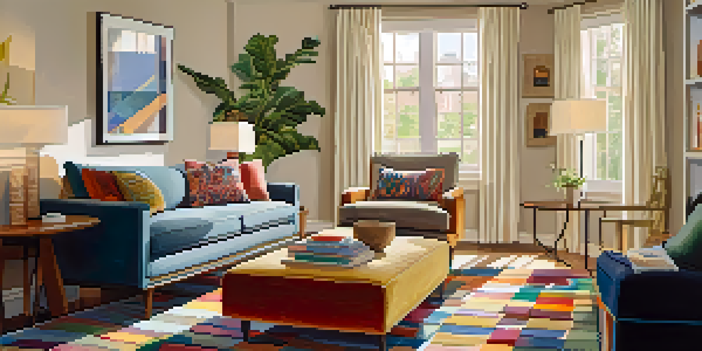 A living room with a layered rug setup, showcasing a neutral base rug and a colorful patterned rug, with warm lighting and a cozy sofa.