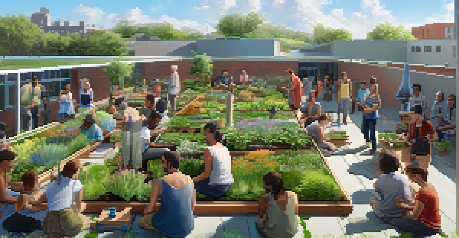Community members gathered on a green roof, participating in planting and educational activities, surrounded by diverse plants.
