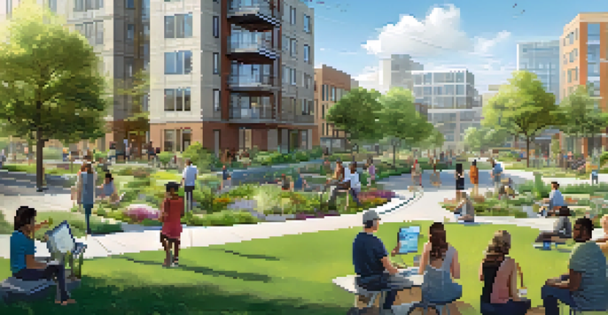 A community workshop on water conservation with residents, green infrastructure, and modern urban buildings in the background.