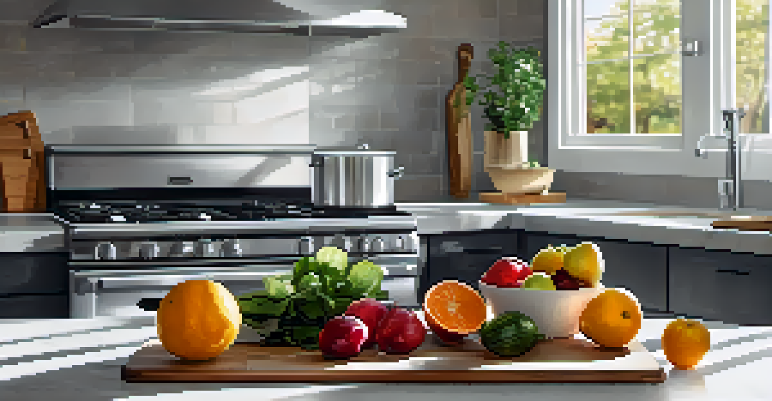 A modern kitchen countertop with a fruit bowl, fresh vegetables, and stainless steel appliances, illuminated by sunlight.