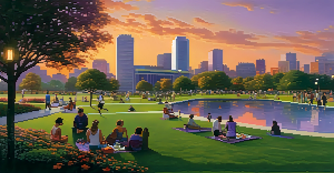 A beautiful urban skyline at sunset with modern buildings and a park filled with people enjoying outdoor activities.