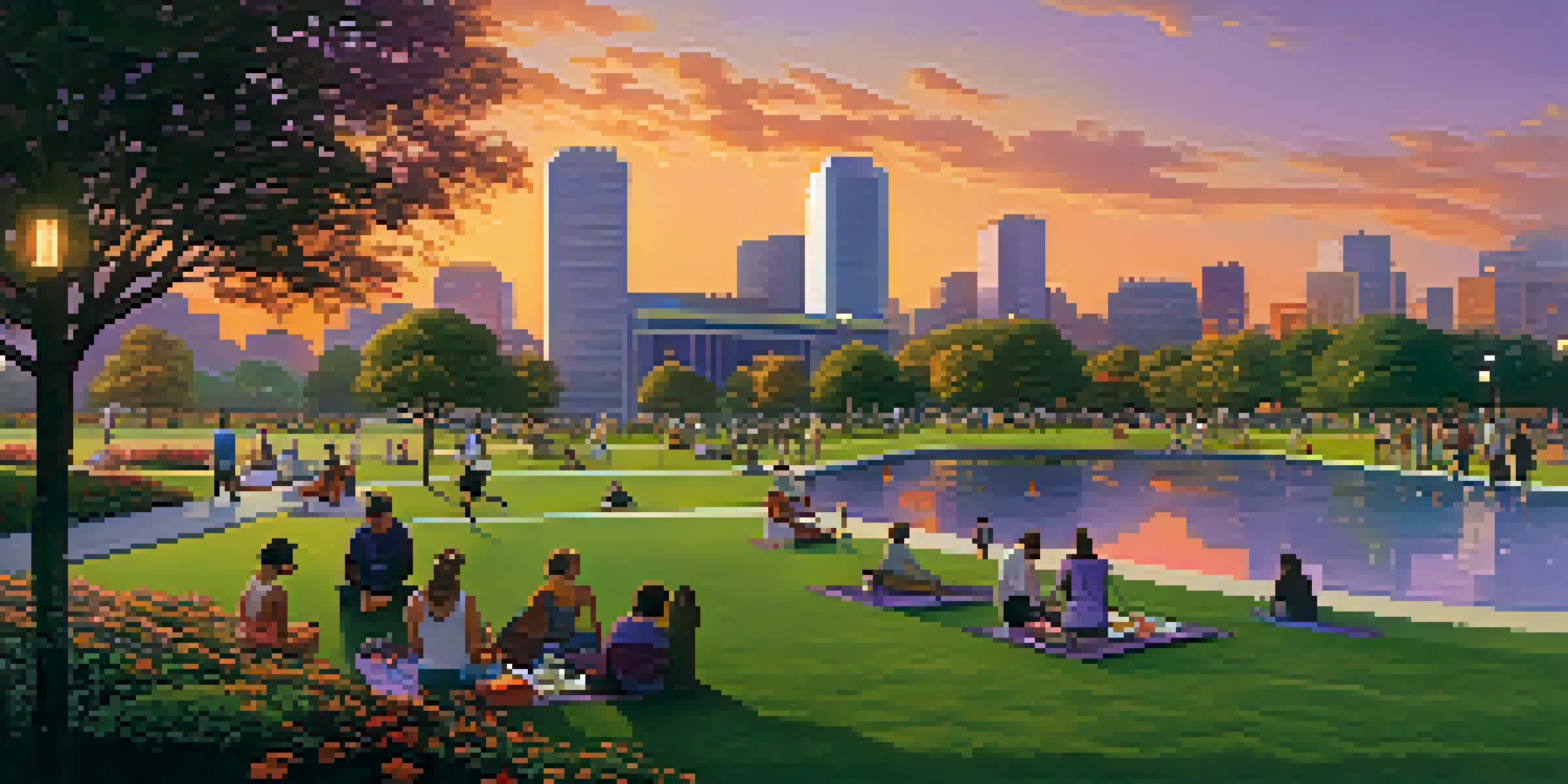 A beautiful urban skyline at sunset with modern buildings and a park filled with people enjoying outdoor activities.