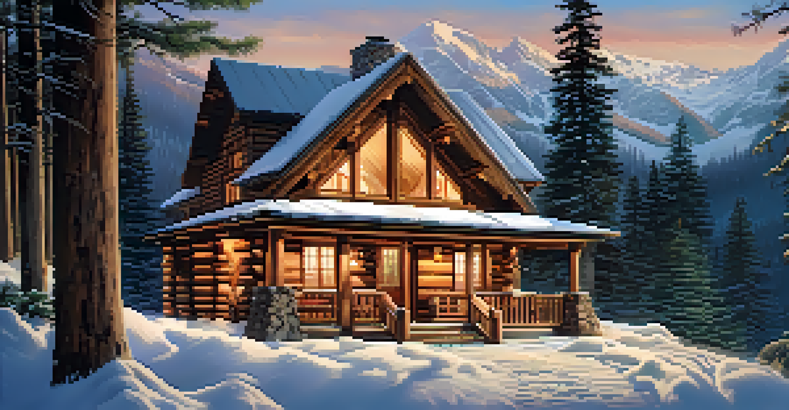 A charming mountain cabin amidst snow-covered trees and peaks, radiating warmth and hospitality.