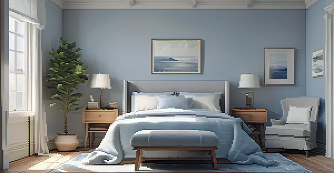 A tranquil small bedroom with blue walls, light gray bedding, and a sunny window with a potted plant on the bedside table.