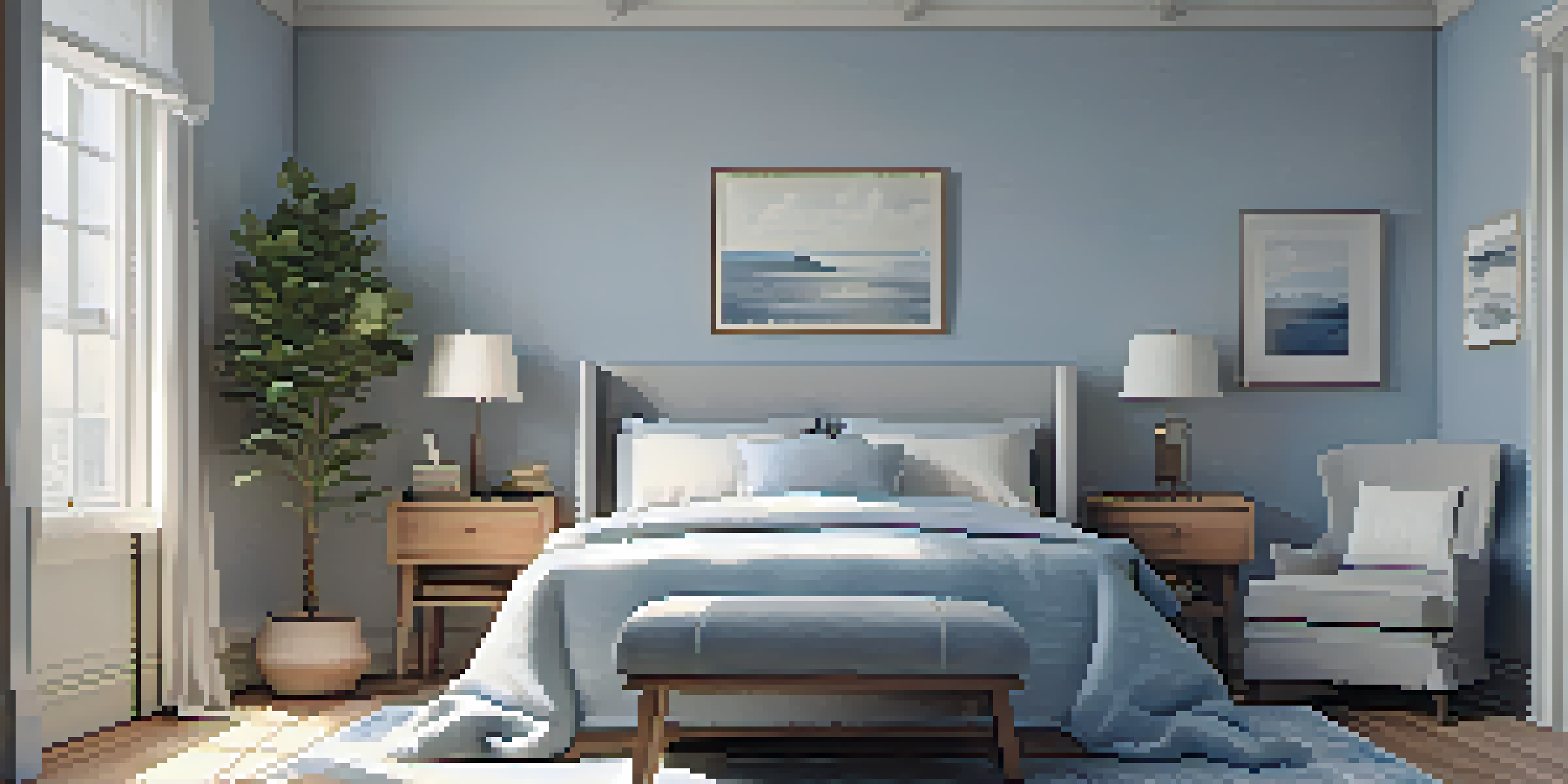 A tranquil small bedroom with blue walls, light gray bedding, and a sunny window with a potted plant on the bedside table.