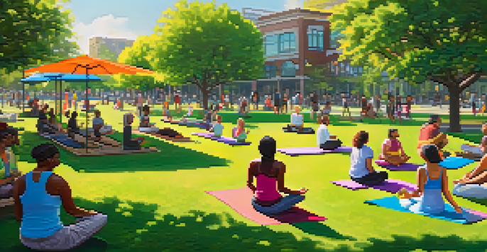 A lively urban park with people practicing yoga, having picnics, and playing games, surrounded by greenery and colorful flowers under a bright sun.