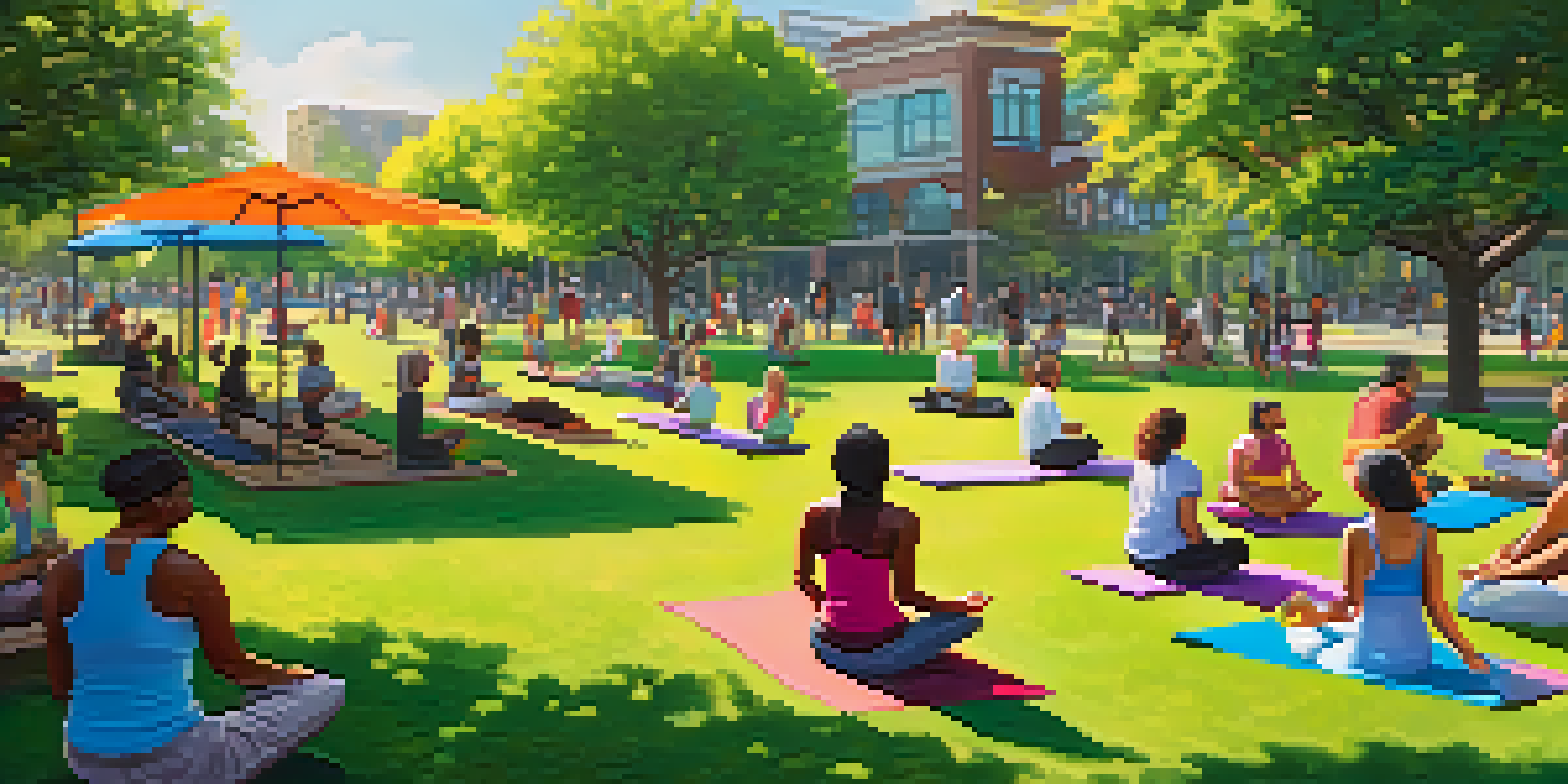 A lively urban park with people practicing yoga, having picnics, and playing games, surrounded by greenery and colorful flowers under a bright sun.