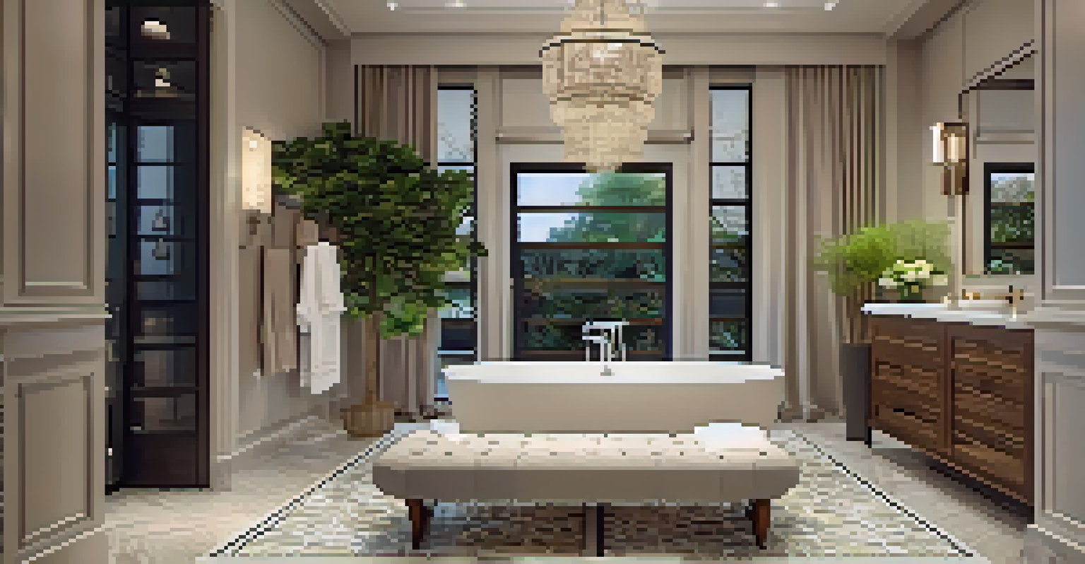 An elegant bathroom with patterned tile flooring, a freestanding tub, and soft lighting.