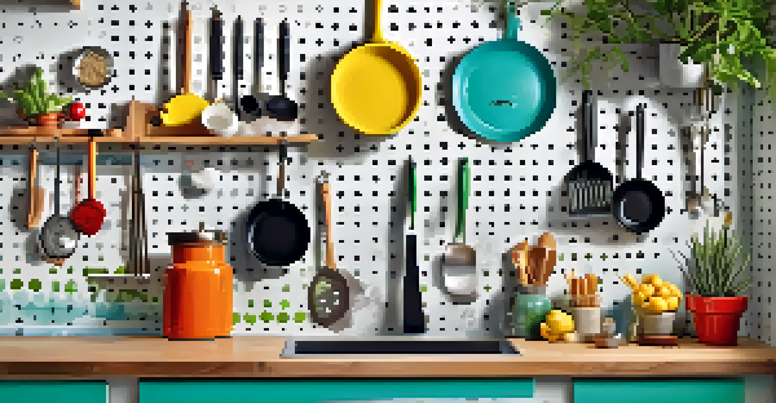A colorful kitchen wall with a pegboard organized with utensils and tools, complemented by small plants on the countertop.