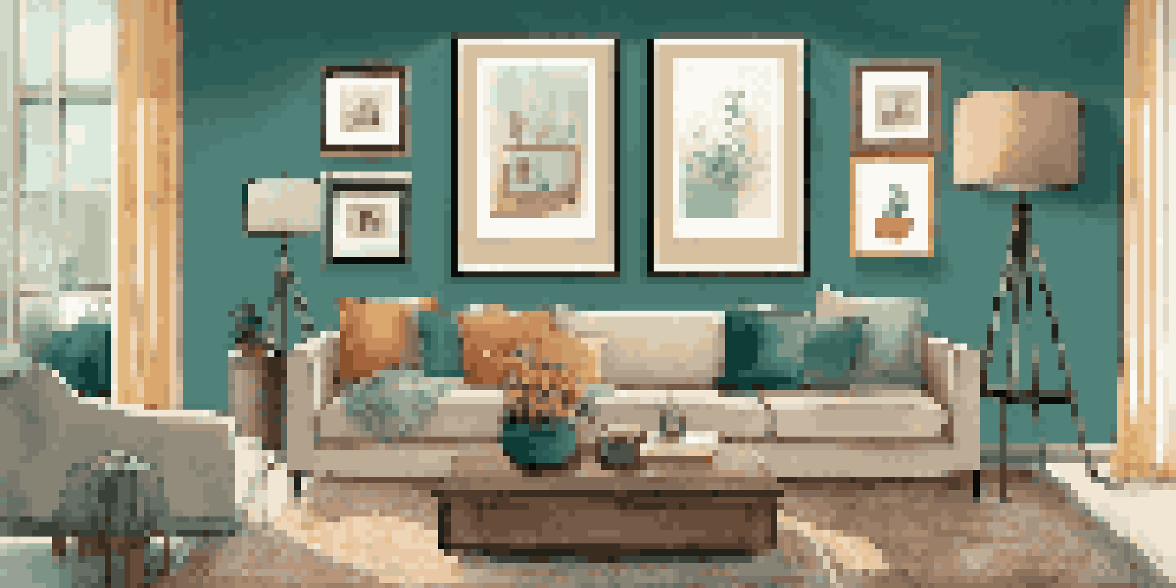 A cozy living room with a teal accent wall, a gallery wall of frames, a beige sofa with colorful pillows, and warm pendant lighting.