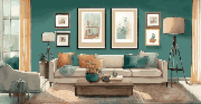 A cozy living room with a teal accent wall, a gallery wall of frames, a beige sofa with colorful pillows, and warm pendant lighting.