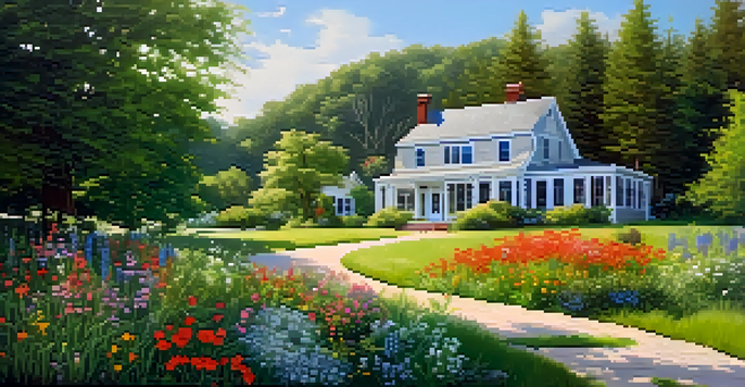 A modern home in a tranquil rural setting with greenery and flowers surrounding it.