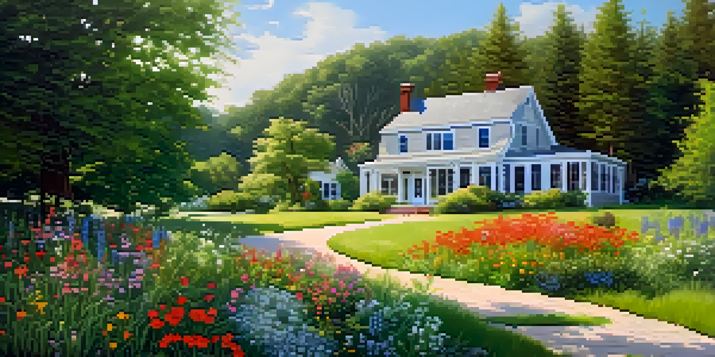 A modern home in a tranquil rural setting with greenery and flowers surrounding it.