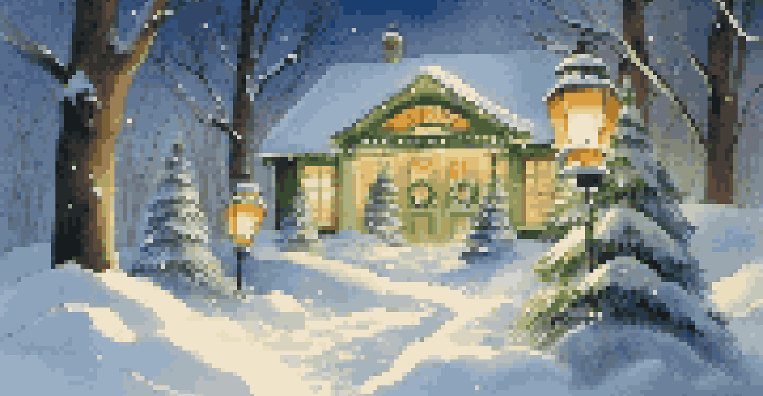A winter landscape showcasing a decorated entrance with festive lights and a wreath, surrounded by soft snow and glowing lanterns.