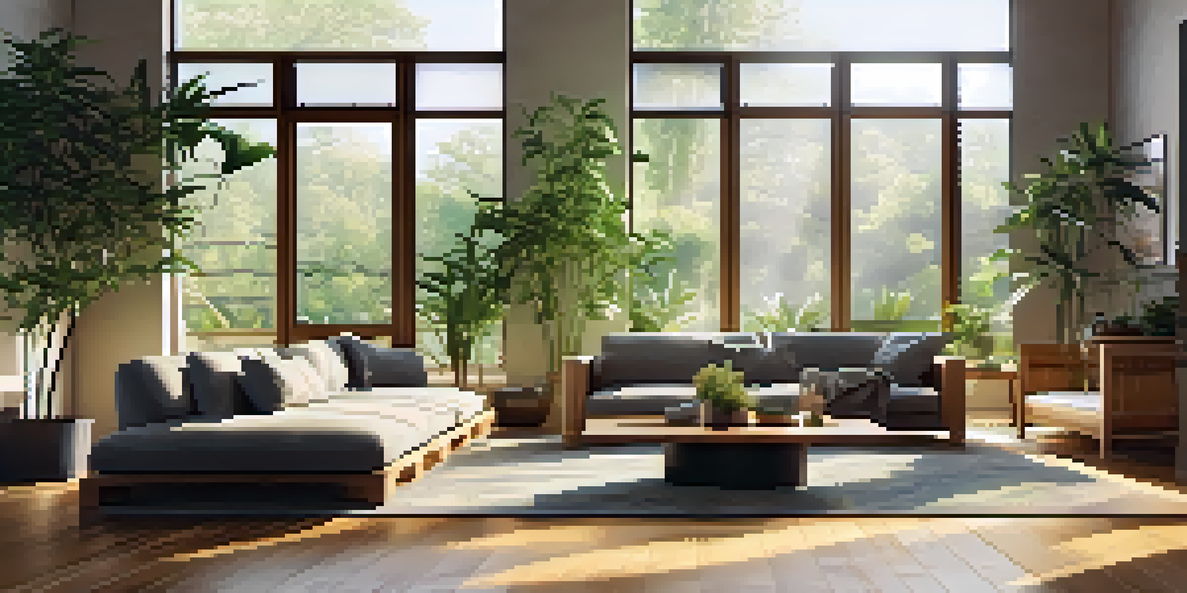 A living room with bamboo flooring, sunlight streaming in, a plush sofa, and potted plants.