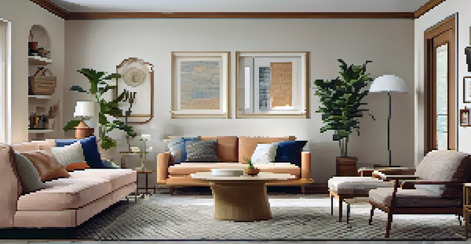 A cozy living room with a light-colored accent wall and stylish wallpaper, featuring multi-functional furniture and warm ambient lighting.