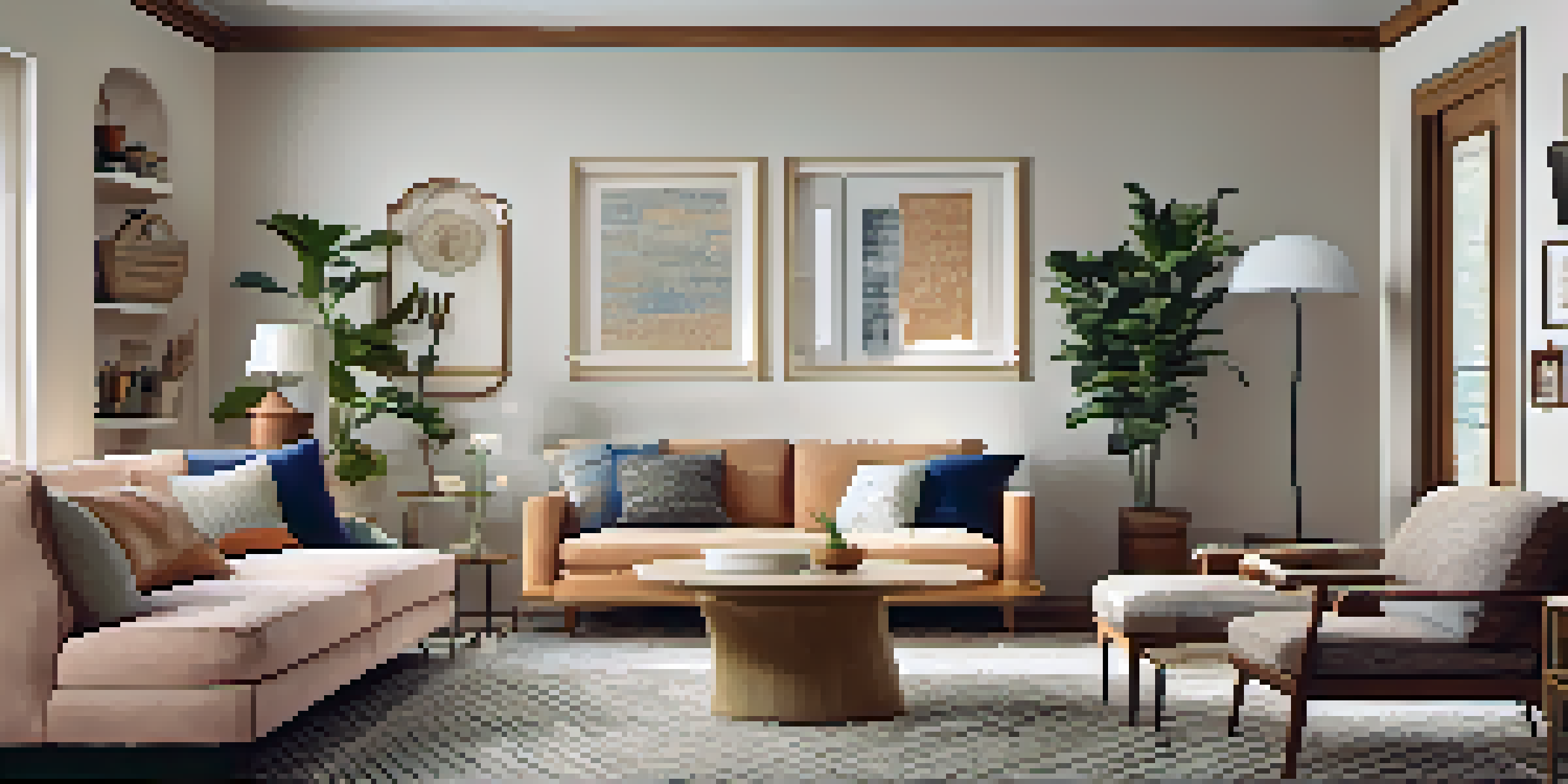 A cozy living room with a light-colored accent wall and stylish wallpaper, featuring multi-functional furniture and warm ambient lighting.