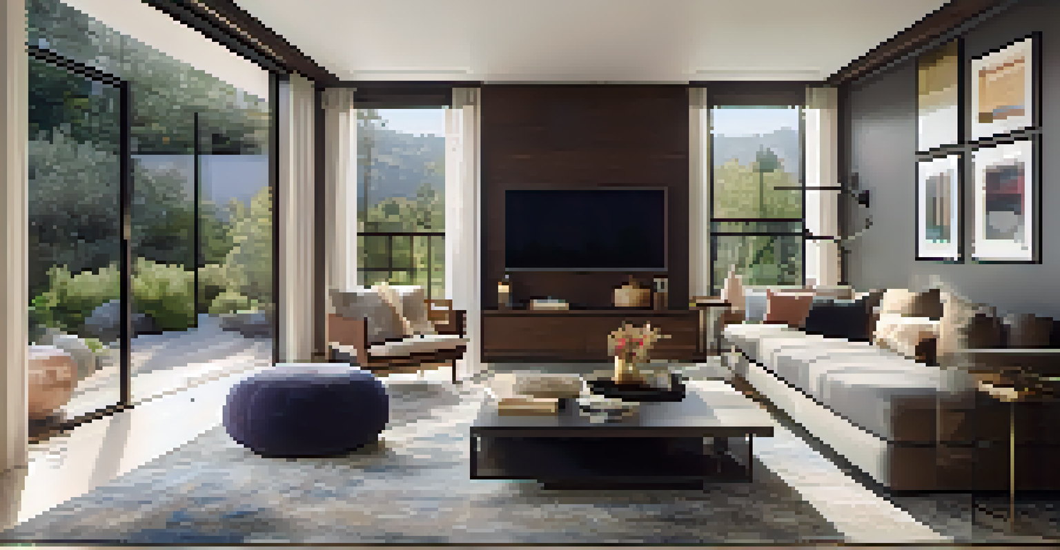 A contemporary living room featuring a sofa, coffee table, and large window, filled with natural light.