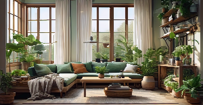 A cozy living room with reclaimed wood furniture, organic cotton cushions, and indoor plants, illuminated by natural light from large windows.