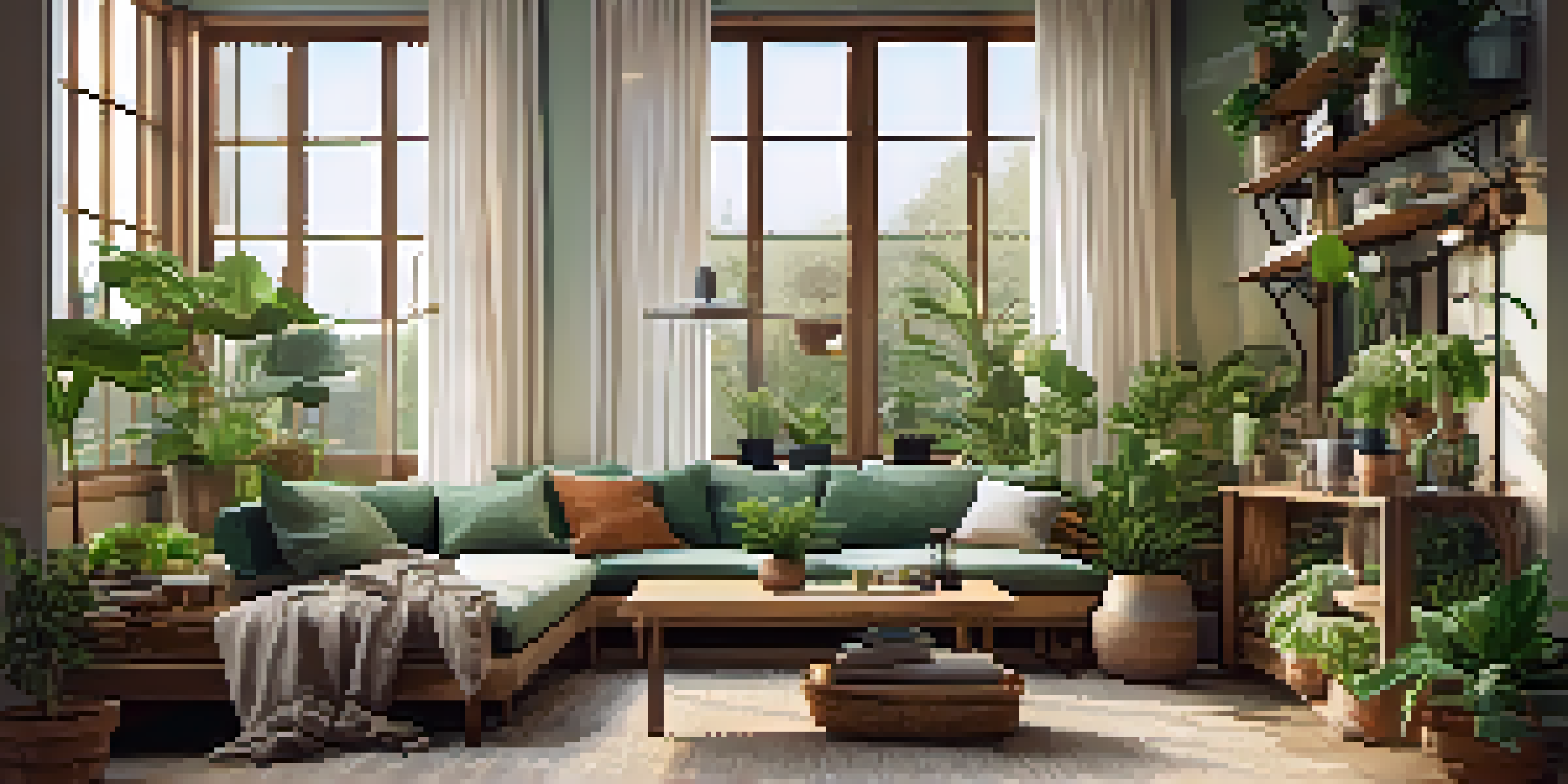 A cozy living room with reclaimed wood furniture, organic cotton cushions, and indoor plants, illuminated by natural light from large windows.