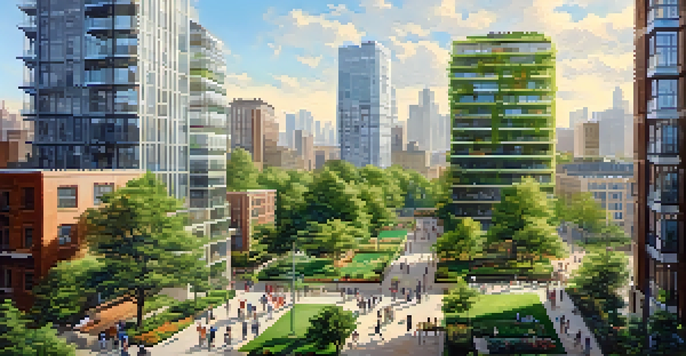 A lively city scene with various types of buildings and people enjoying the outdoors.