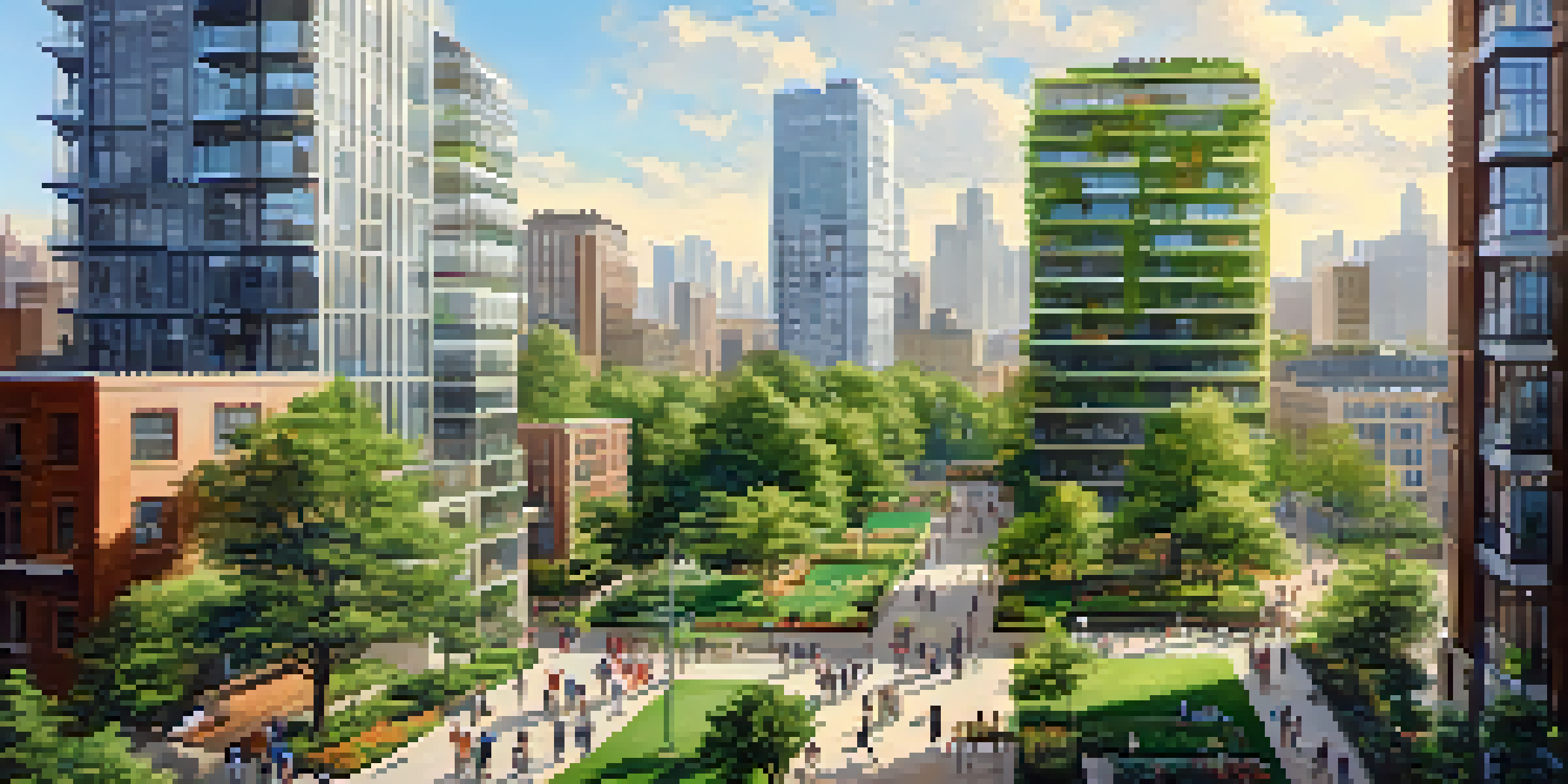 A lively city scene with various types of buildings and people enjoying the outdoors.