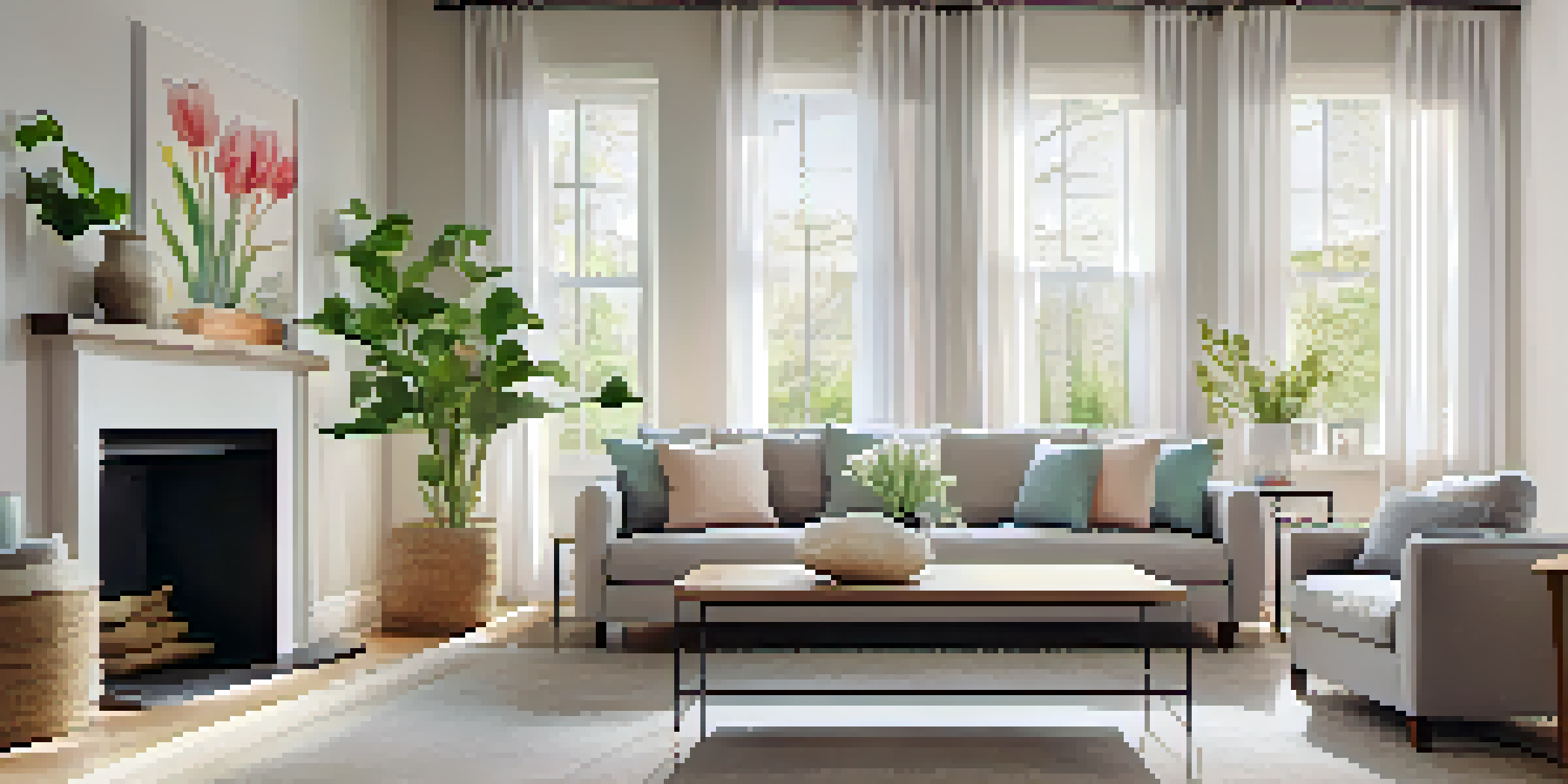 A spring-themed living room with pastel cushions, fresh tulips, and natural light.