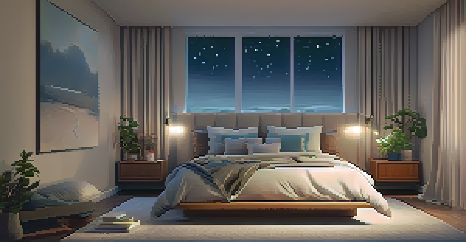A serene bedroom with smart lighting, showcasing a cozy and relaxing atmosphere with soft blankets and a smart speaker on the nightstand.