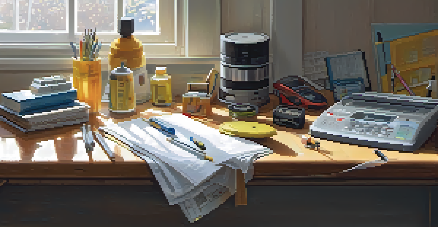 A workspace featuring tools for a home energy audit, including a flashlight and tape measure.