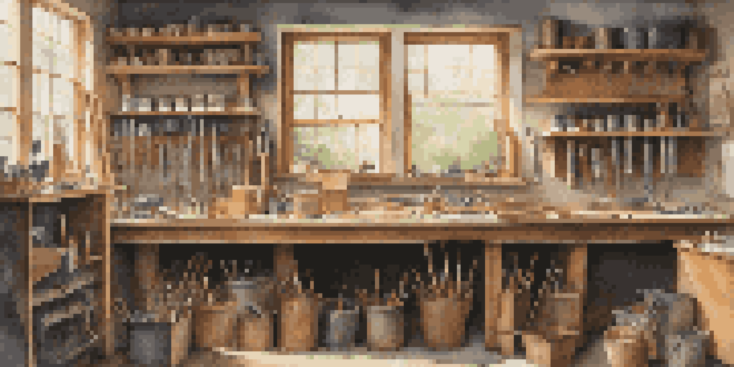 A workshop with organized hand tools on a wooden workbench and pegboards on the wall.