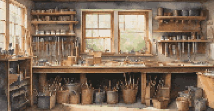 A workshop with organized hand tools on a wooden workbench and pegboards on the wall.