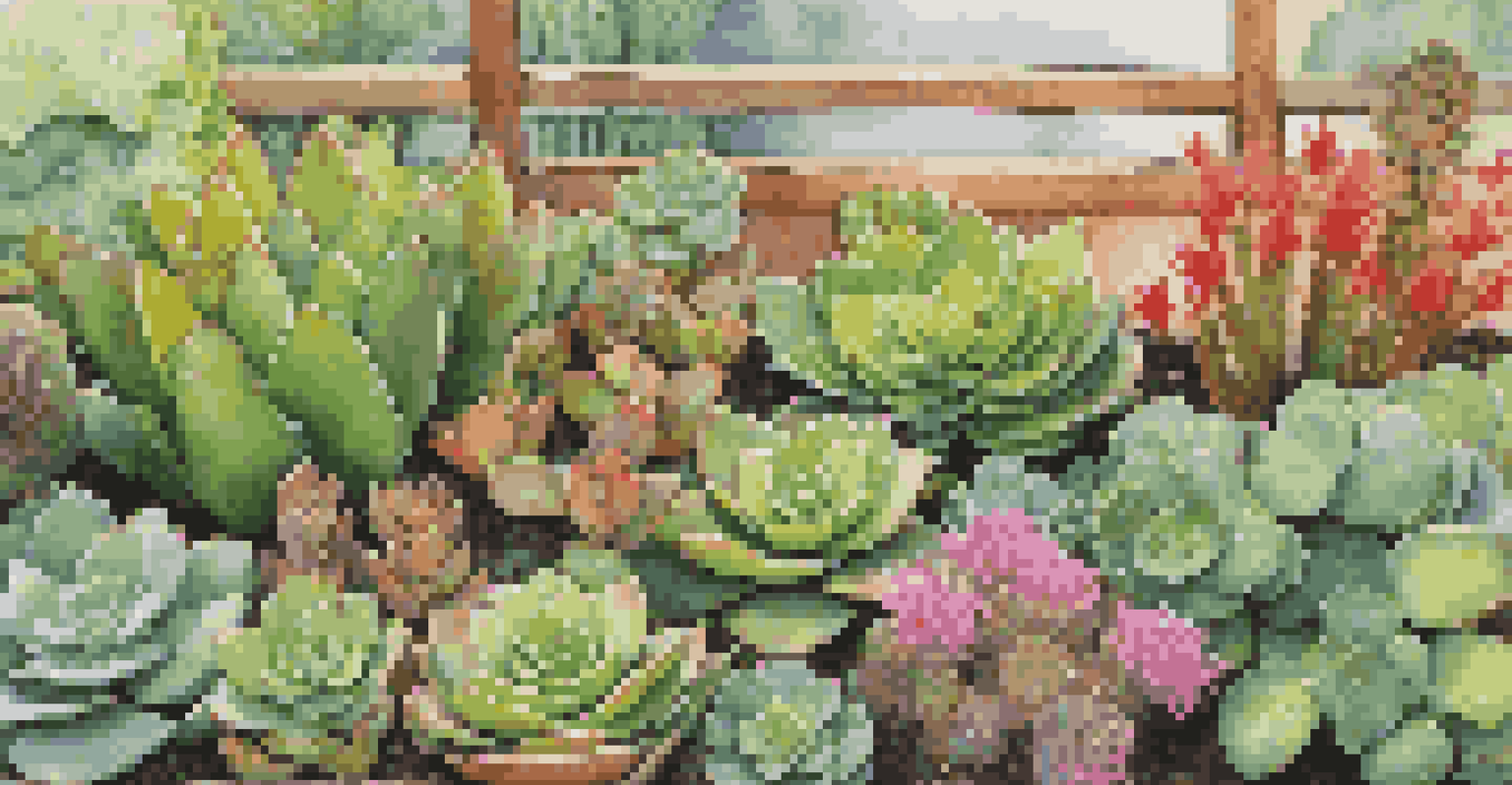 A close-up of a green roof garden featuring various plants, soil, and glistening water droplets.