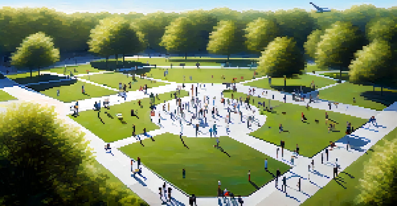 An aerial view of a vibrant park with people enjoying activities, under the watch of surveillance drones for enhanced safety.