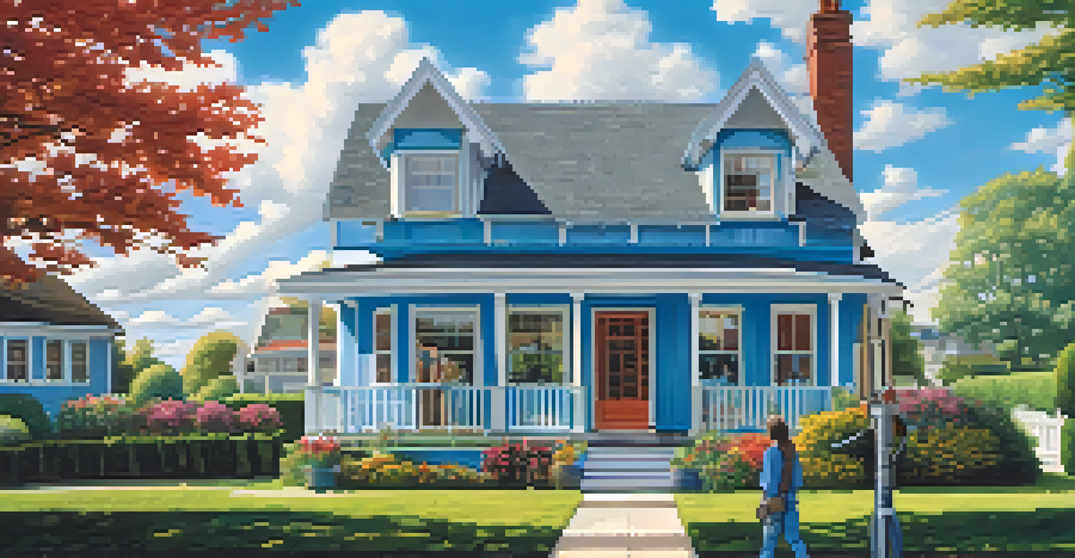 A person using binoculars to inspect the roof of a colorful house surrounded by a garden.