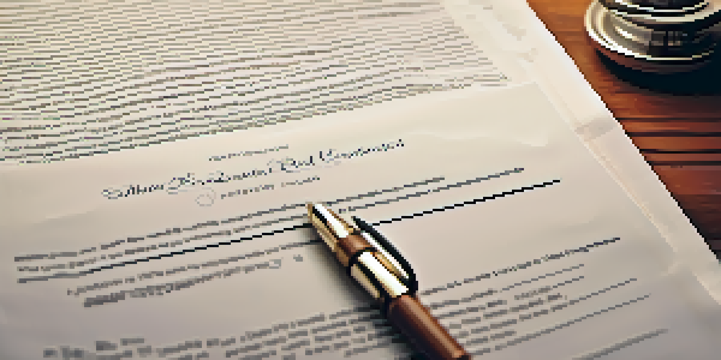 A close-up of a real estate contract on a wooden desk with a fountain pen, highlighting sections of the contract.
