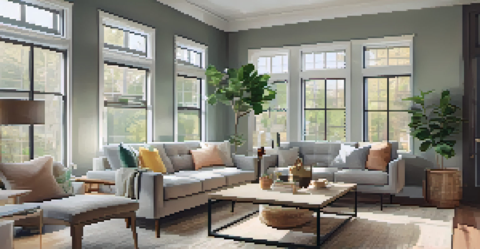 A cozy living room interior designed for first-time homebuyers with modern furniture and warm lighting.